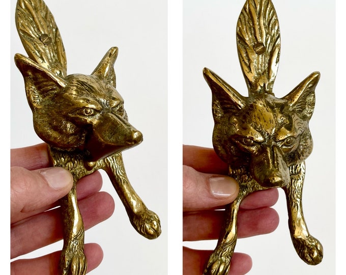Antique English Door Knocker Made in England Vintage Aged Solid Brass Fox Head Fox Tail Door Hardware Hunting Lodge Cabin Farmhouse