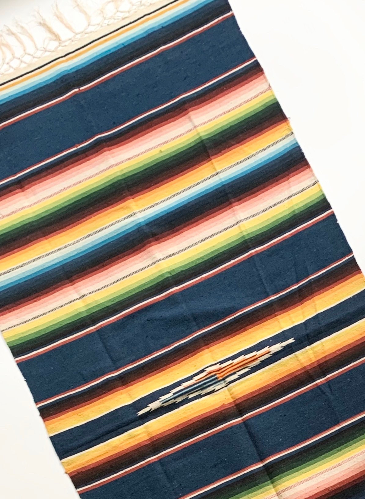 60s Mexican Serape Throw Blanket Runner Mat Handwoven Cotton Textile