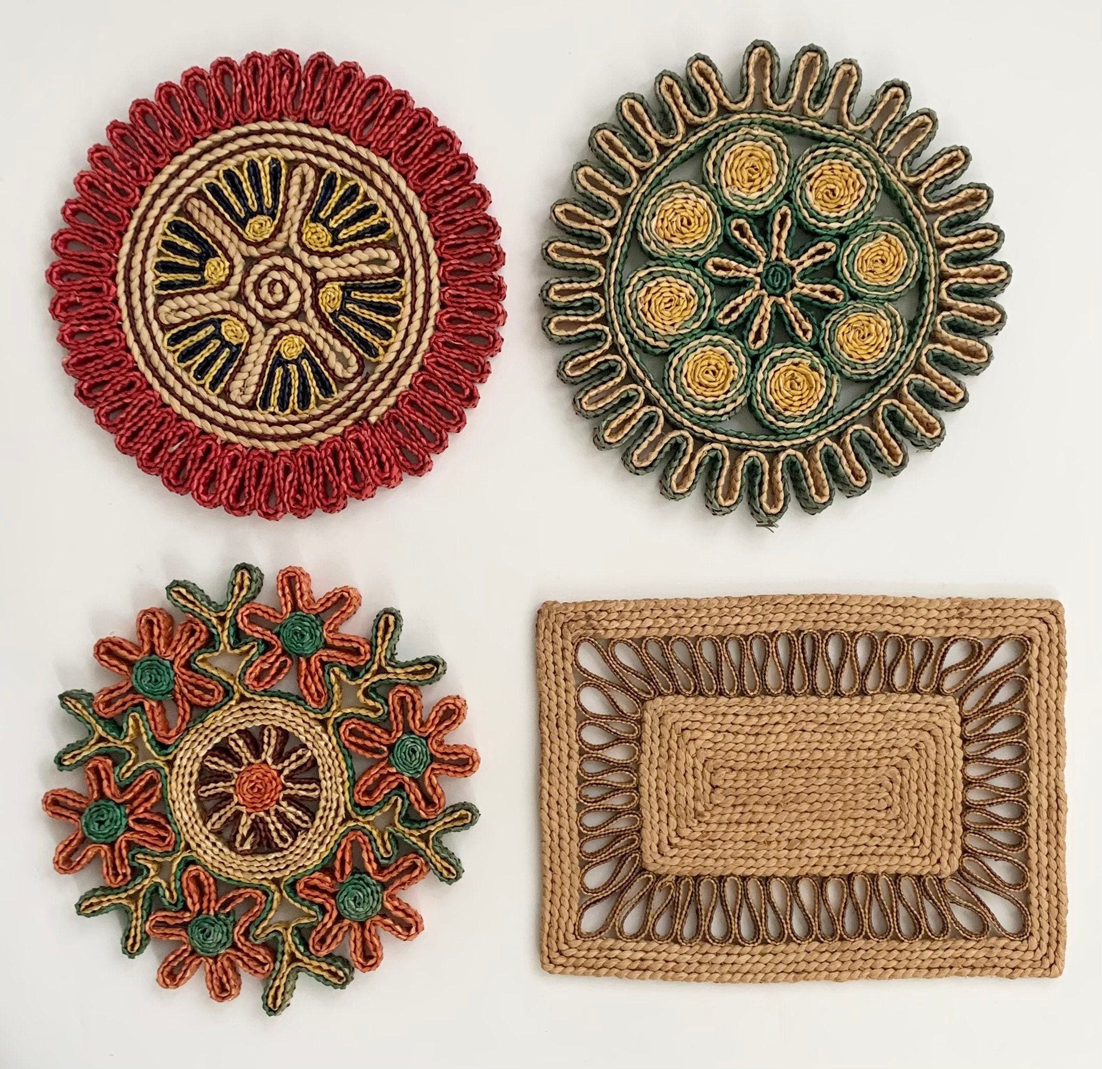 Vintage Straw Trivet Lot of 4 Trivets Round Rectangle Boho Home Design
