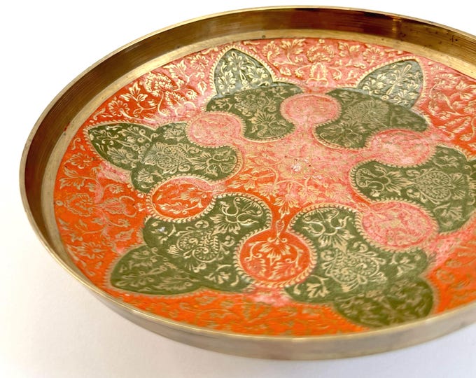 70s Brass Enamel Dish Bowl Vintage Indian Solid Brass Footed 7" Decorative Enamel Floral Scroll Boho Ethnic Home Decor