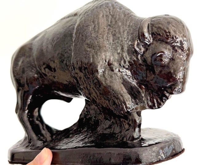 Mid Century Buffalo Bison Sculpture Figure Vintage Glazed Black Ceramic