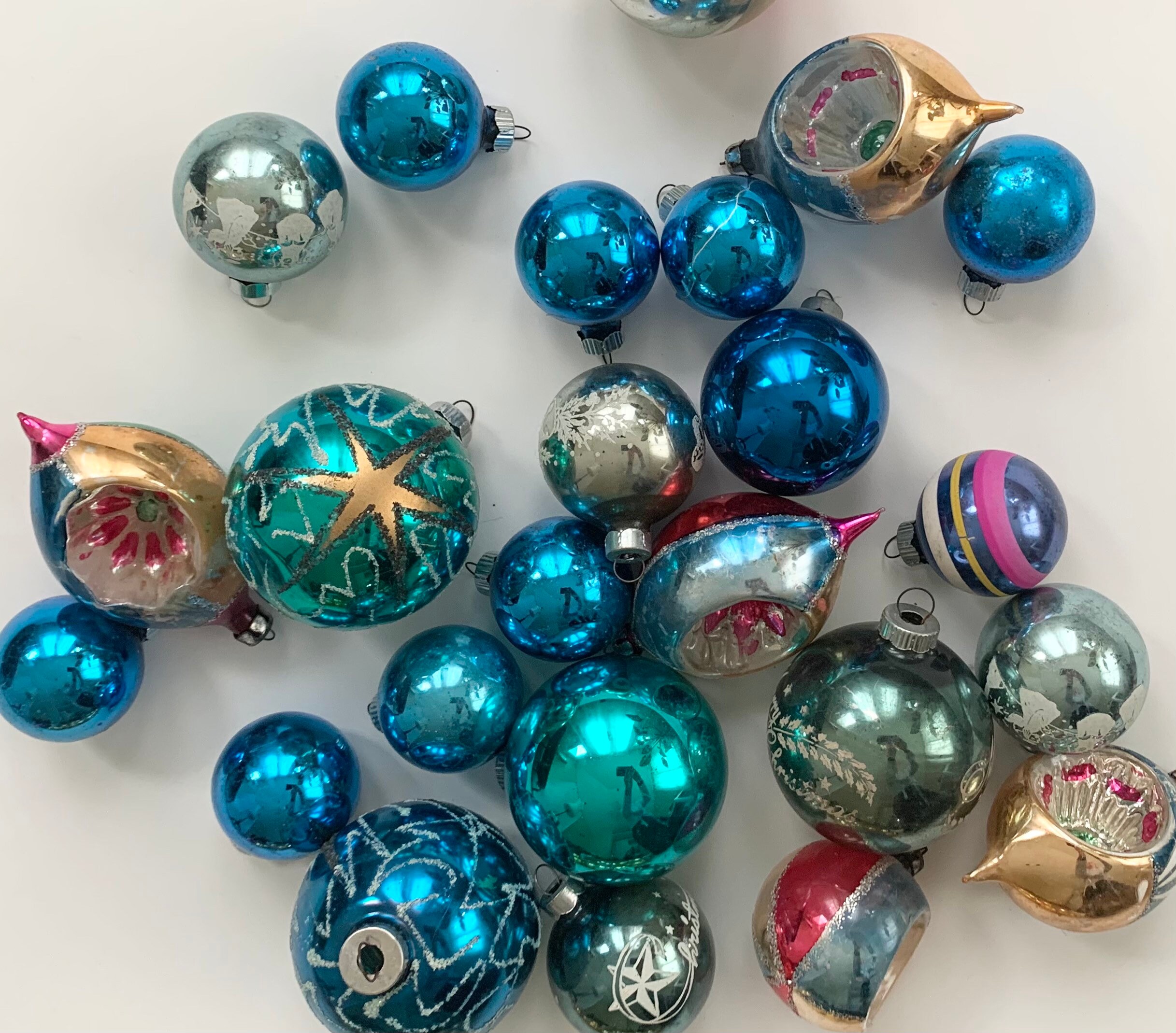 Vintage Blue Glass Ornaments Mixed Lot of 24 Blue Aqua Turquoise Silver ...
