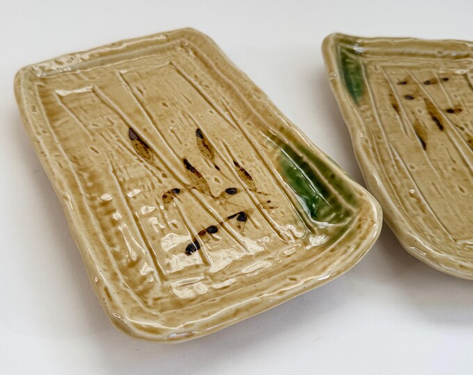 Vintage Pottery Sushi Plate Set of 2 Signed Studio Botanical Plant Beige Ceramic Plates Sushi Date Night