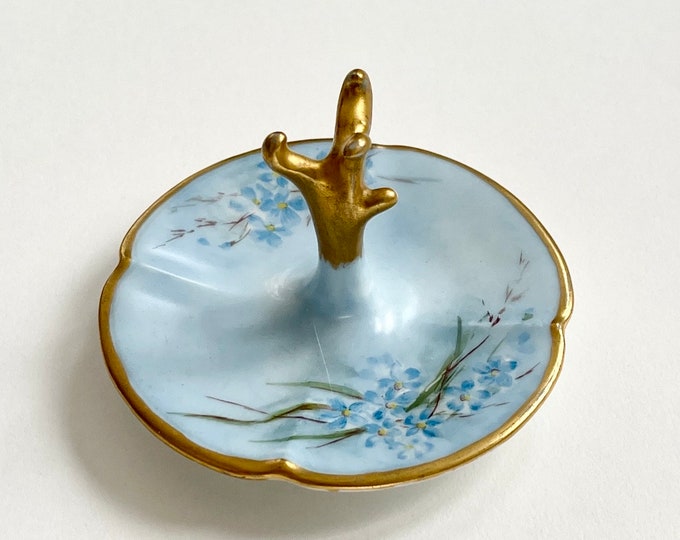 Blue Limoges Ring Tree Ring Dish Antique M&C France Floral Gilt Accents Porcelain Something Old Something Blue Gift