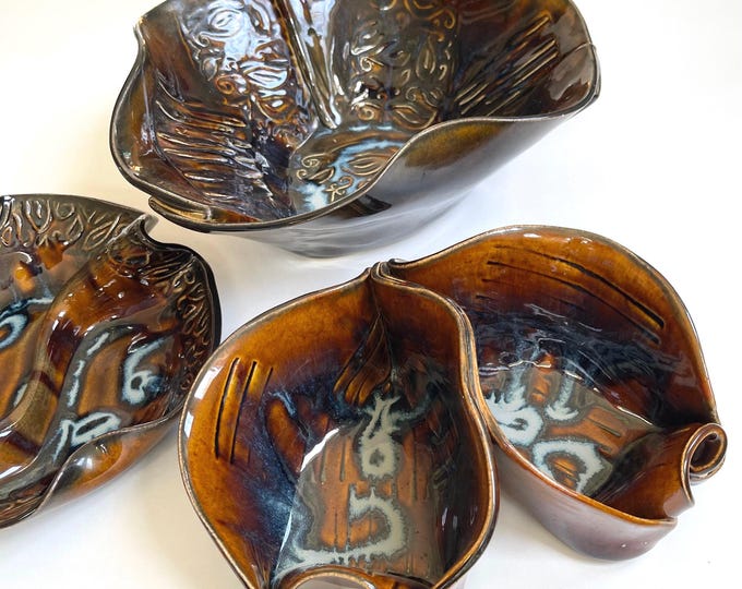 Vintage Hilborn Pottery Bowl Set of 3 Brown & Blue Glazed MCM Decorative Ceramic Serving Dishes Made in Canada
