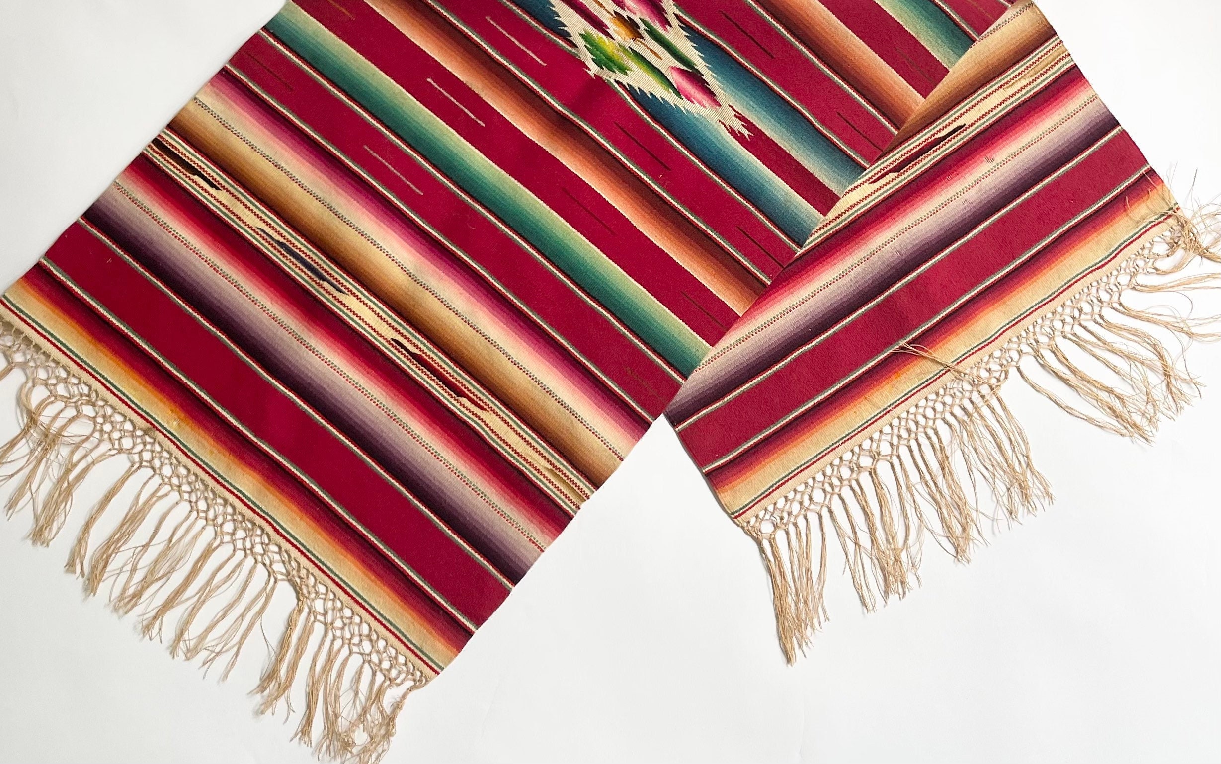 Antique 30s 40s Serape Mexican Throw Blanket Runner Mat Handwoven