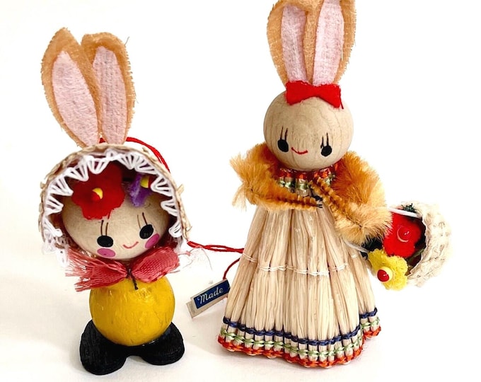 Vintage Wooden Bunny Easter Ornaments Mid Century Japan Hand Painted Wood Bunnies