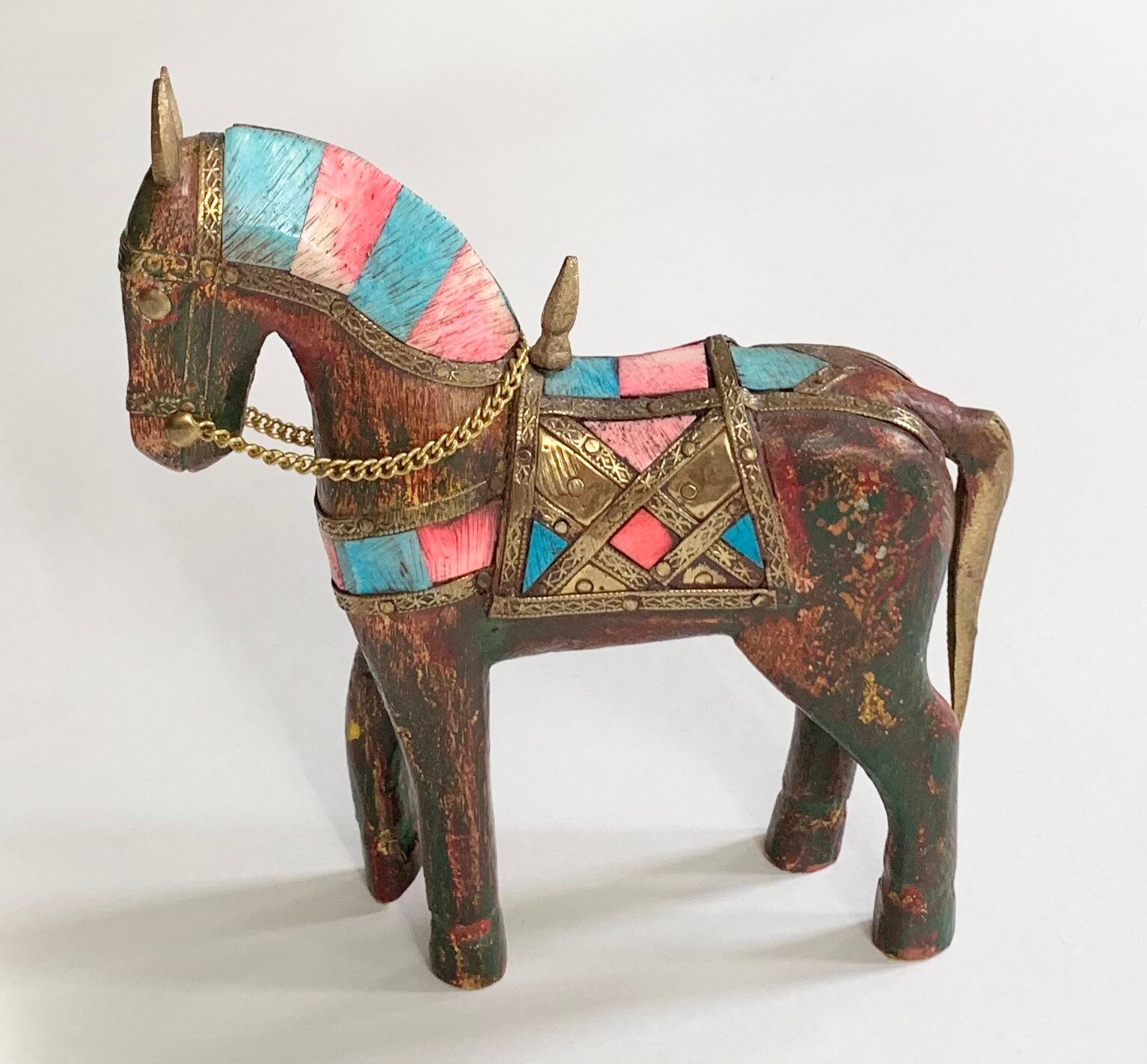 Wooden Trojan Horse Statuette Statue Figurine Vintage Handmade Colored