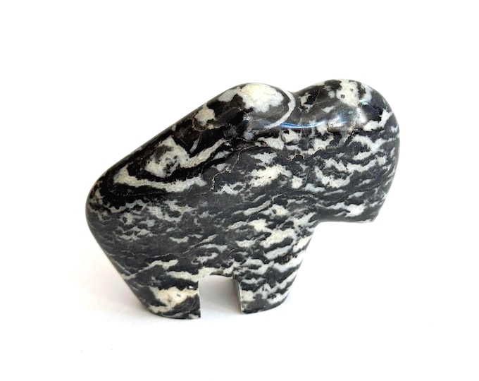 Vintage Carved Stone Buffalo Sculpture Figurine Black and White Zebra Marble
