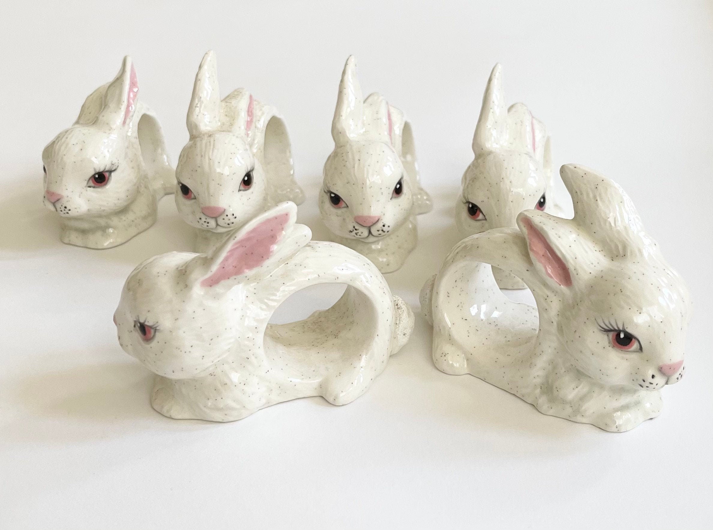 Bunny Napkin Ring Holder Set of 6 Vintage White Ceramic Porcelain