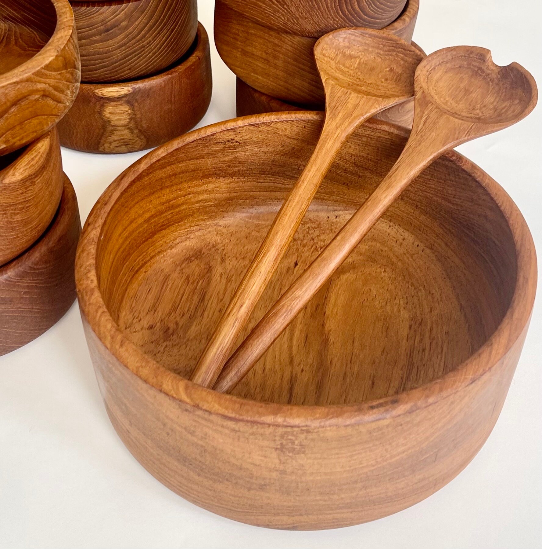Teak Wood Salad Bowl Set Mid Century Vintage Winsome Thailand MCM Style 10 Salad Bowls Utensils