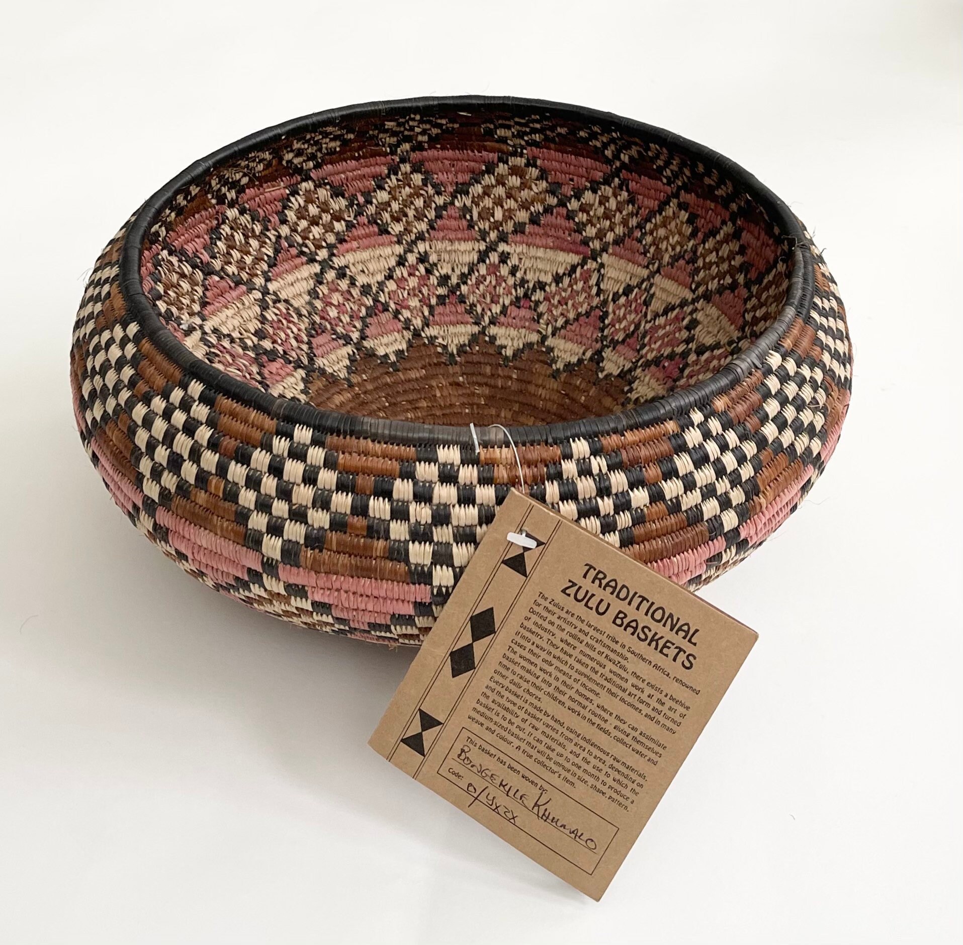 Large African Zulu Basket Vintage with Original Tags Artist Signed