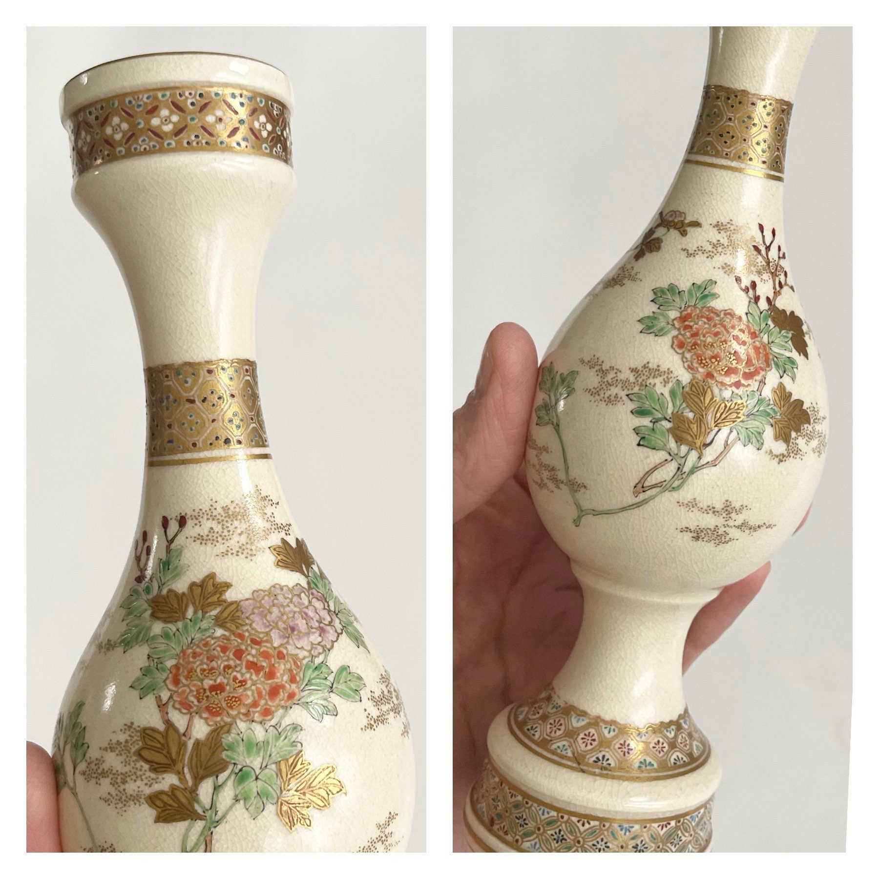 Vintage Chinese Floral Vase Bisque Ceramic Flowers Gold Accents Flower ...