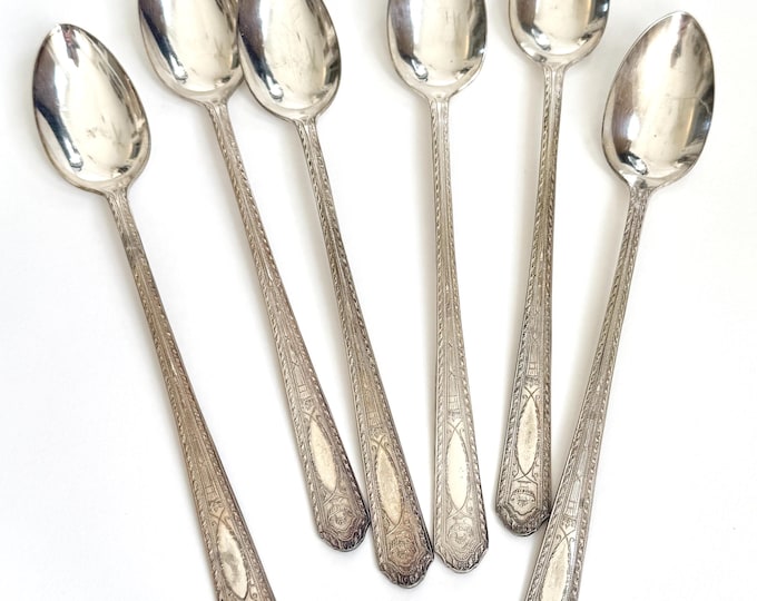 Iced Tea Spoon Set Silver Plate Set of 6 Decorative Embossed Ornate Classic Aged Silver Spoons Made by Aladdin Summer Tea Party