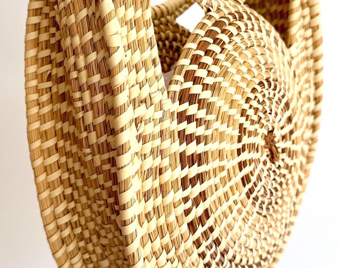 Charleston Sweetgrass Basket Bag Large Top Handle Vintage Handmade Handwoven American Gullah Folk Art Southern South Carolina Coastal Style