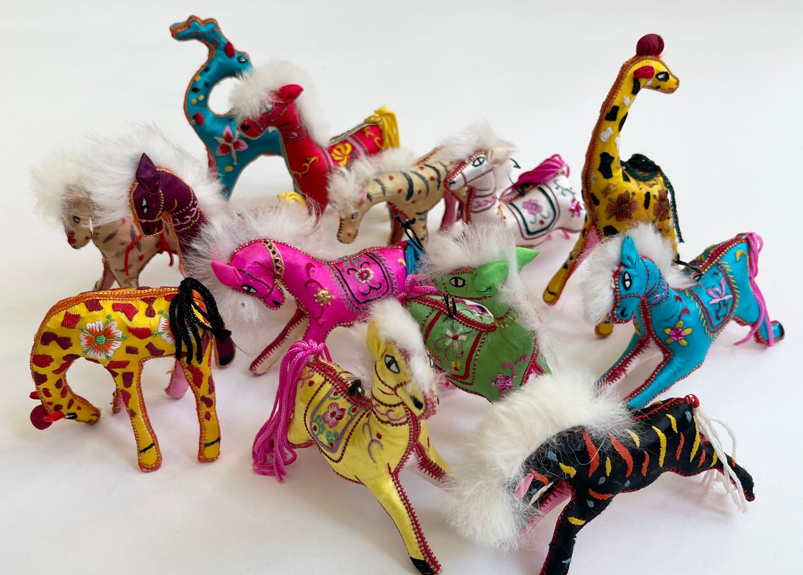 Mid Century Stuffed Animal Ornaments Embroidered Handmade Bright Colorful Satin Natural Fur Manes Zebra Horse Boho Ethnic Christmas Mid Century Stuffed Animal Ornaments Embroidered Handmade Bright Colorful Satin Natural Fur Manes Zebra Horse Boho Ethnic Christmas