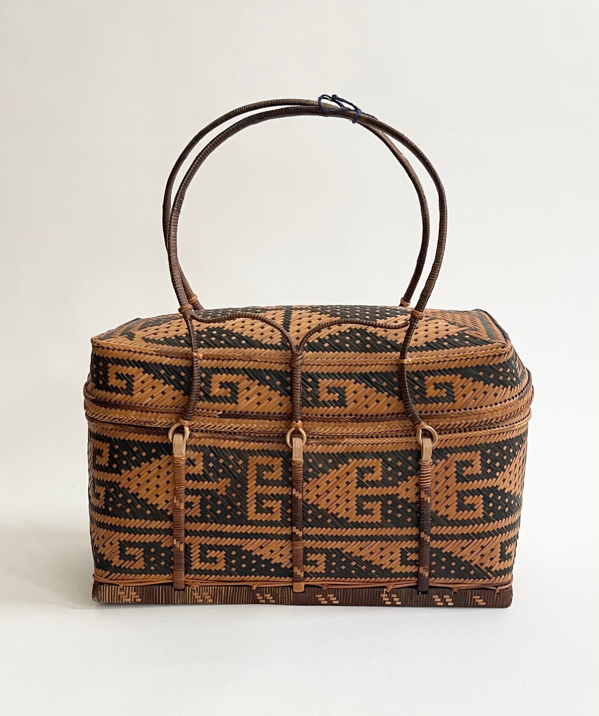 Large Basket Bag with Lid Top Vintage Handmade Baskets with Handles Two