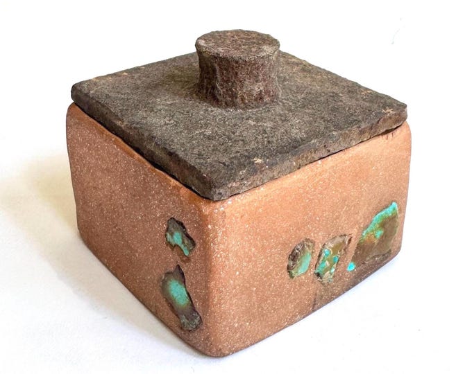 Signed Turquoise Inlaid Pottery Box Vintage Handmade Studio Ceramics Square Lidded Micaceous Clay Box Raku Pottery Lid