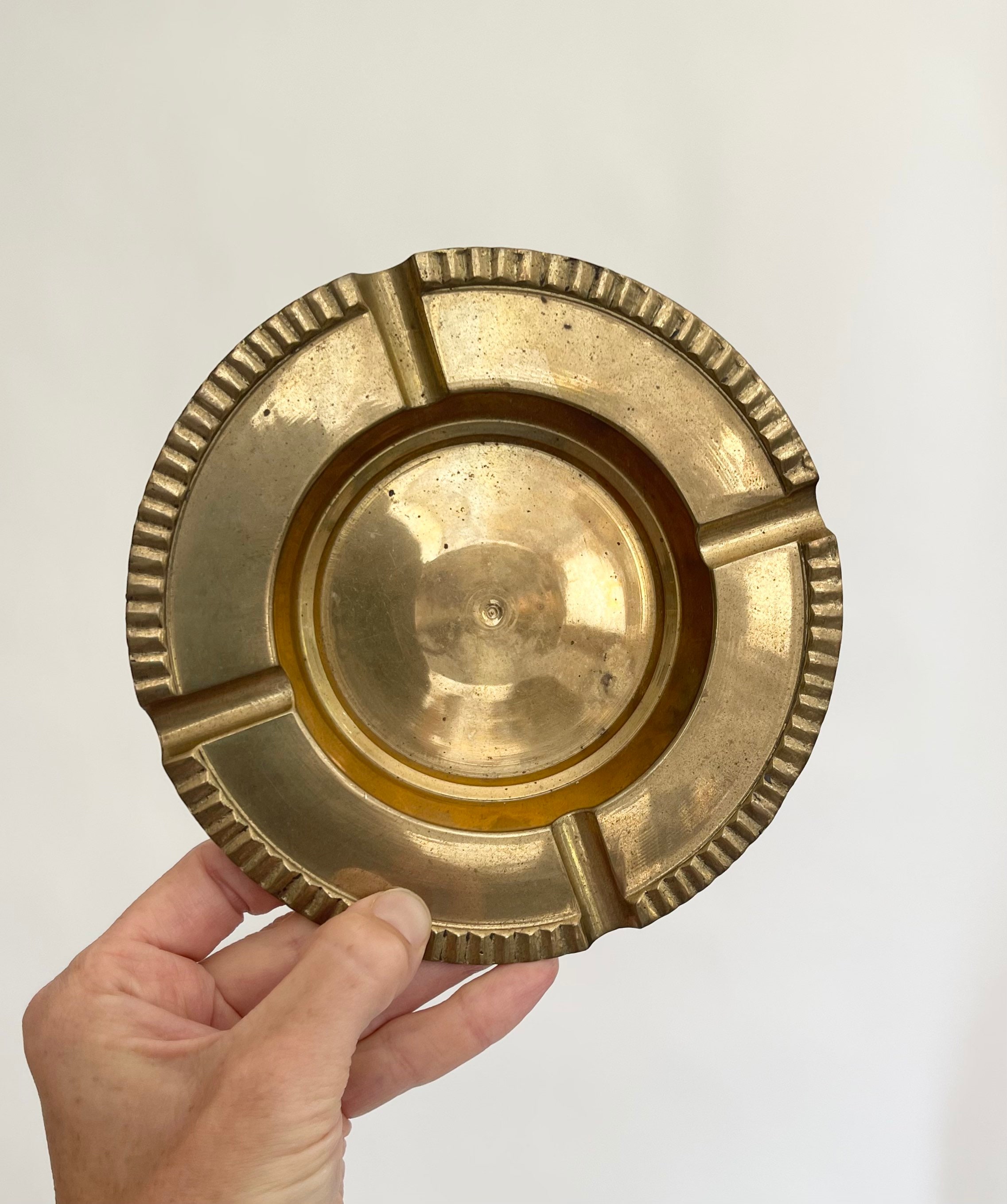 70s Solid Brass Ashtray Round Circle Ribbed Edges Made in India Vintage