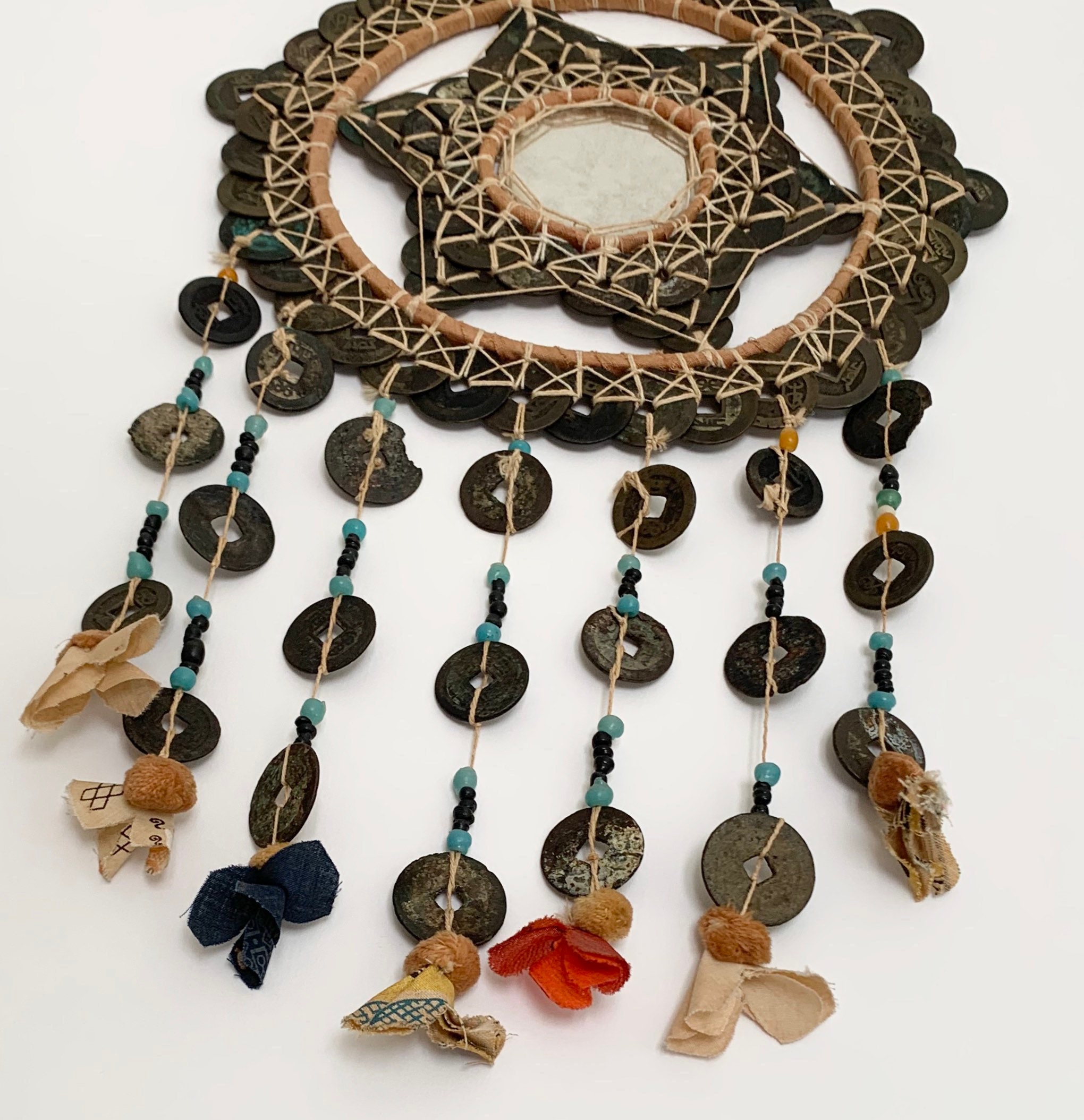 Ethnic Mirror Wall Hanging with Beaded and Old Coin Fringe Vintage