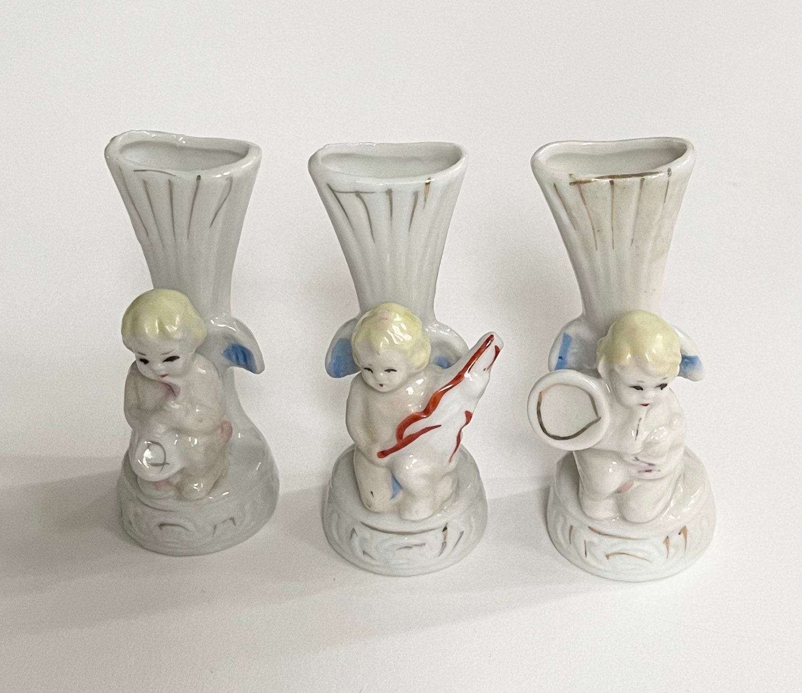Porcelain Angel Cherub Vase Set Lot of 3 Bud Vases Vintage Mid Century