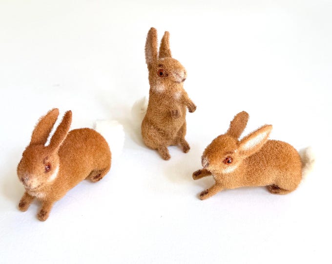 Kunstlerschutz Flocked Bunny Rabbit Lot of 3 Bunnies Vintage Collectible Wagner Animals Made in Germany Spring Easter Decor
