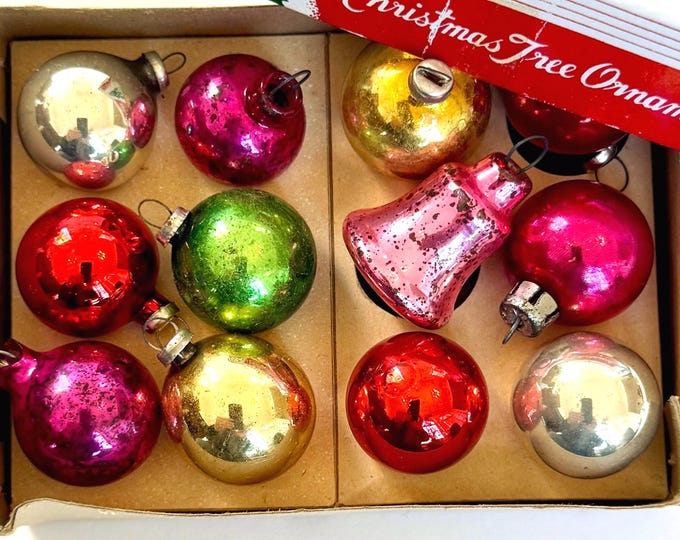 Vintage Mercury Glass Ornaments Mini Small 1" Size Box Lot of 12 Multicolor Bulbs Occupied Japan Mid Century Table Tree Ornaments