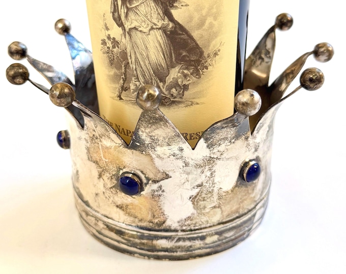 Vintage Crown Wine Champagne Bottle Holder Cache Pot Silver Metal Blue Stones Made in India
