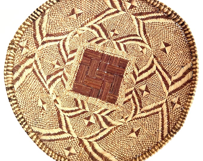 Vintage Handwoven Geometric Basket Bowl, 14" Diameter, Beige Brown Accent