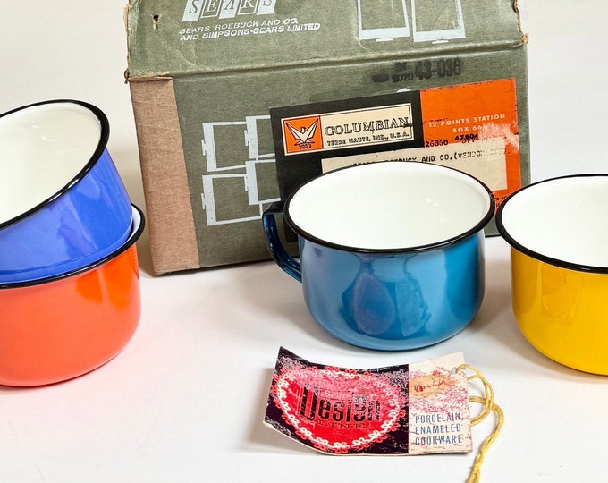 Sears Enamelware Mugs Coffee Cups Set of 4 Mid Century MCM Sears Roebuck Atomic Blue Orange Yellow Enamel Ware Farmhouse Camping