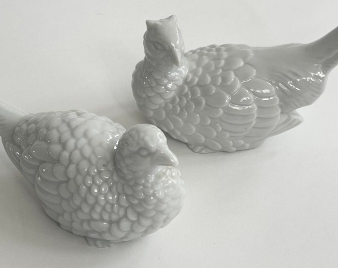 Glazed White Ceramic Pheasant Bird Figurine Set Made in Japan by OMC Lot of 2 Vintage Mid Century Animal Figurines