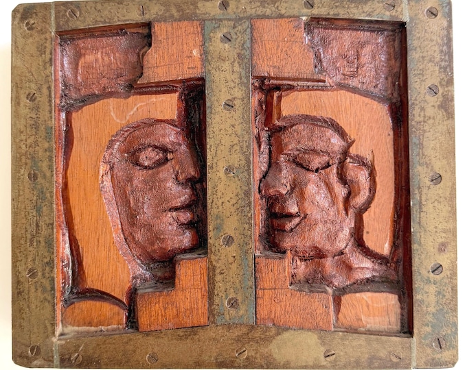 Mid Century Modern Expressionist Faces Carved Wood Relief Vintage Studio Art