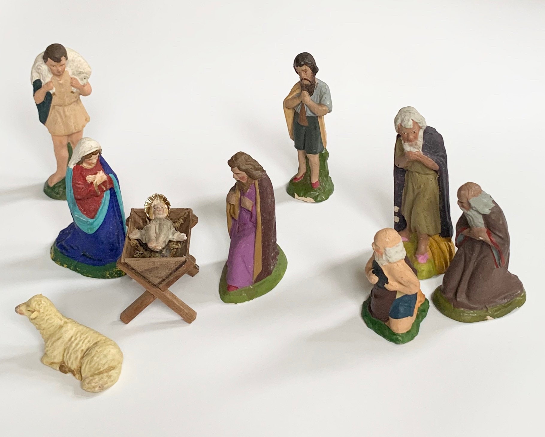 German Plaster Nativity Set of 10 Pieces Vintage Antique Religious
