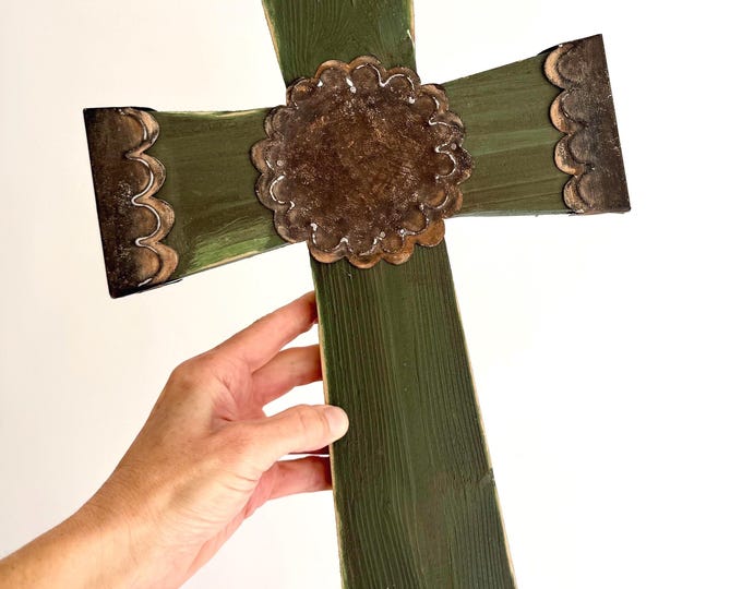 Southwest Folk Art Cross Dark Green Painted Wood Aged Metal Trim Handmade Southwest Religious Wall Hanging Wall Decor