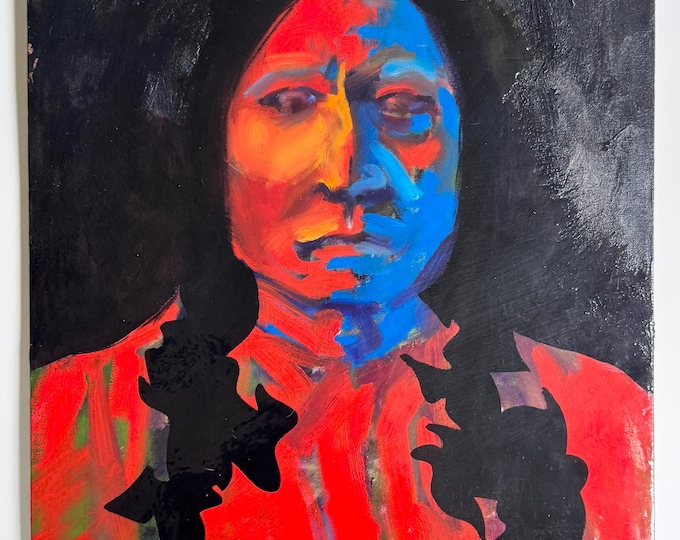Fine Native American Portrait Oil Painting Vintage Original Art Bold Vibrant Red Black Blue Abstract Pop Art Western Southwest 24 x 18