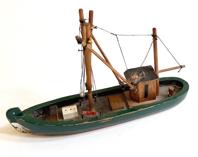 Vintage Model Ship Boat Handmade Hand Painted Wooden Sailboat Beach House Lake House Bookshelf Nautical Decor