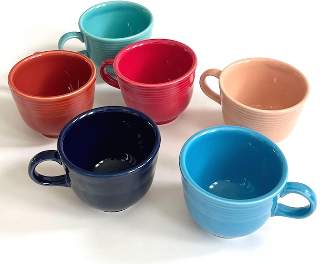 Vintage Fiestaware Mug Set Mixed Colors Coffee Tea Cup Lot 6 Retro Ceramic Fiesta HLC Made in USA Blue Turquoise Aqua Peach Rust Red