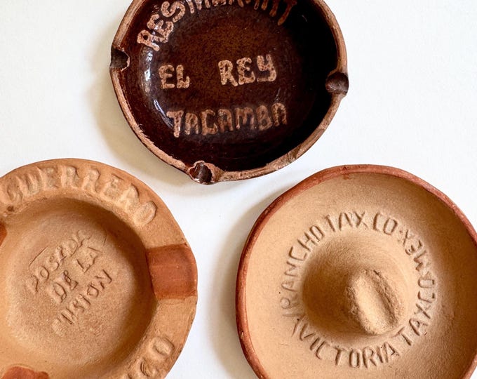 Vintage Mexican Terracotta Ashtray Dish Old Clay Pottery Rancho Taxco Restaurant El Rey Tacamba Guerrero Mexico Souvenir Sombrero Cowboy Hat
