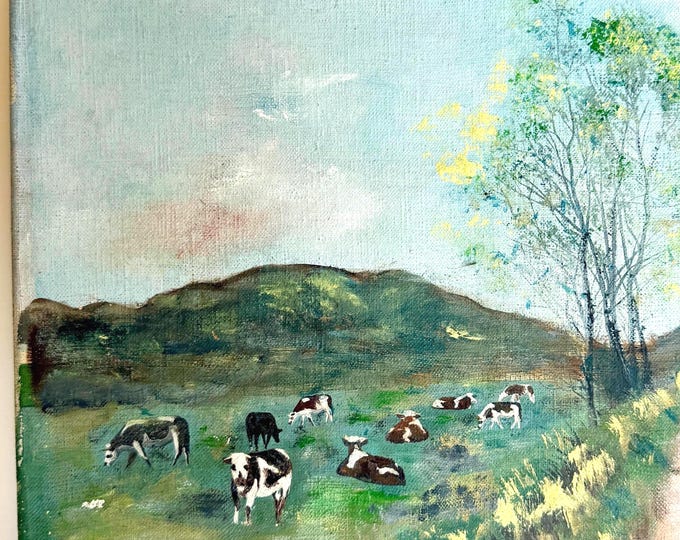 Vintage Countryside Landscape Painting French Country Cow Pasture