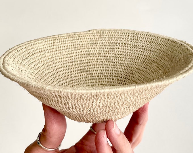 Natural White Basket Bowl Delicate African Artisan Handwoven Coil Basket Small Catchall Size Round Circle Neutral Minimalist Home Decor