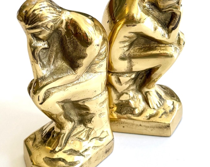 Vintage Brass Bookend Pair Mid Century The Thinker Sculpture