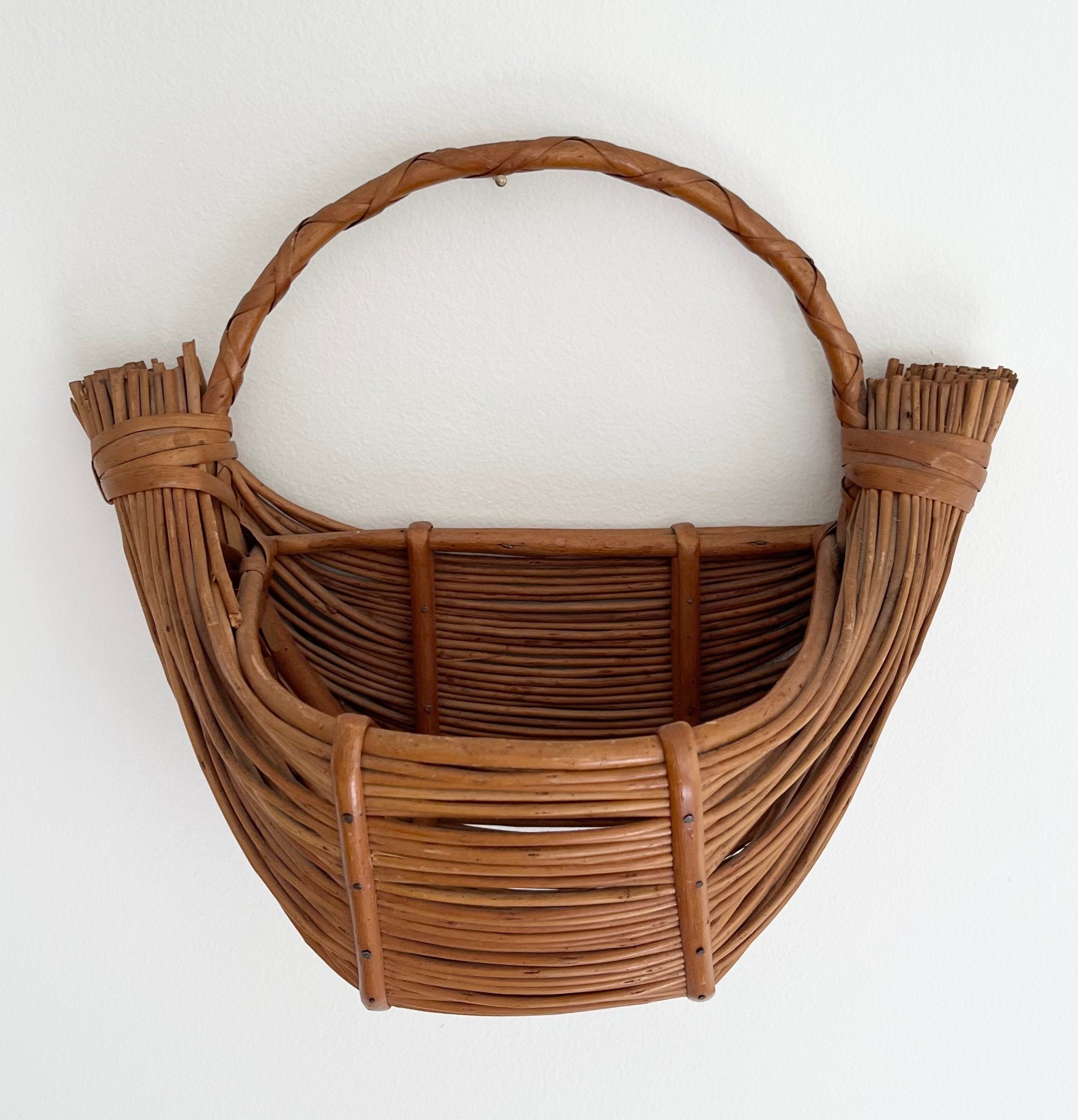 Handwoven Wall Mount Basket Round Crescent Shape Vintage 70s Boho Home