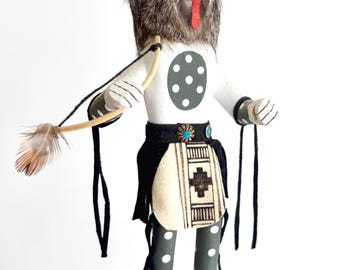 Signed Vintage Wolf Kachina Doll: Hand Carved Wood, Rabbit Fur, Concho Belt