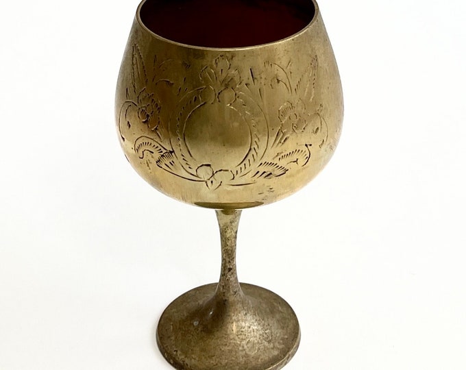 Etched Indian Brass Goblet Chalice Vintage 60s 70s Floral Flower Etchings Solid Brass Stemmed Cup Wine Glass Likely Made in Indian
