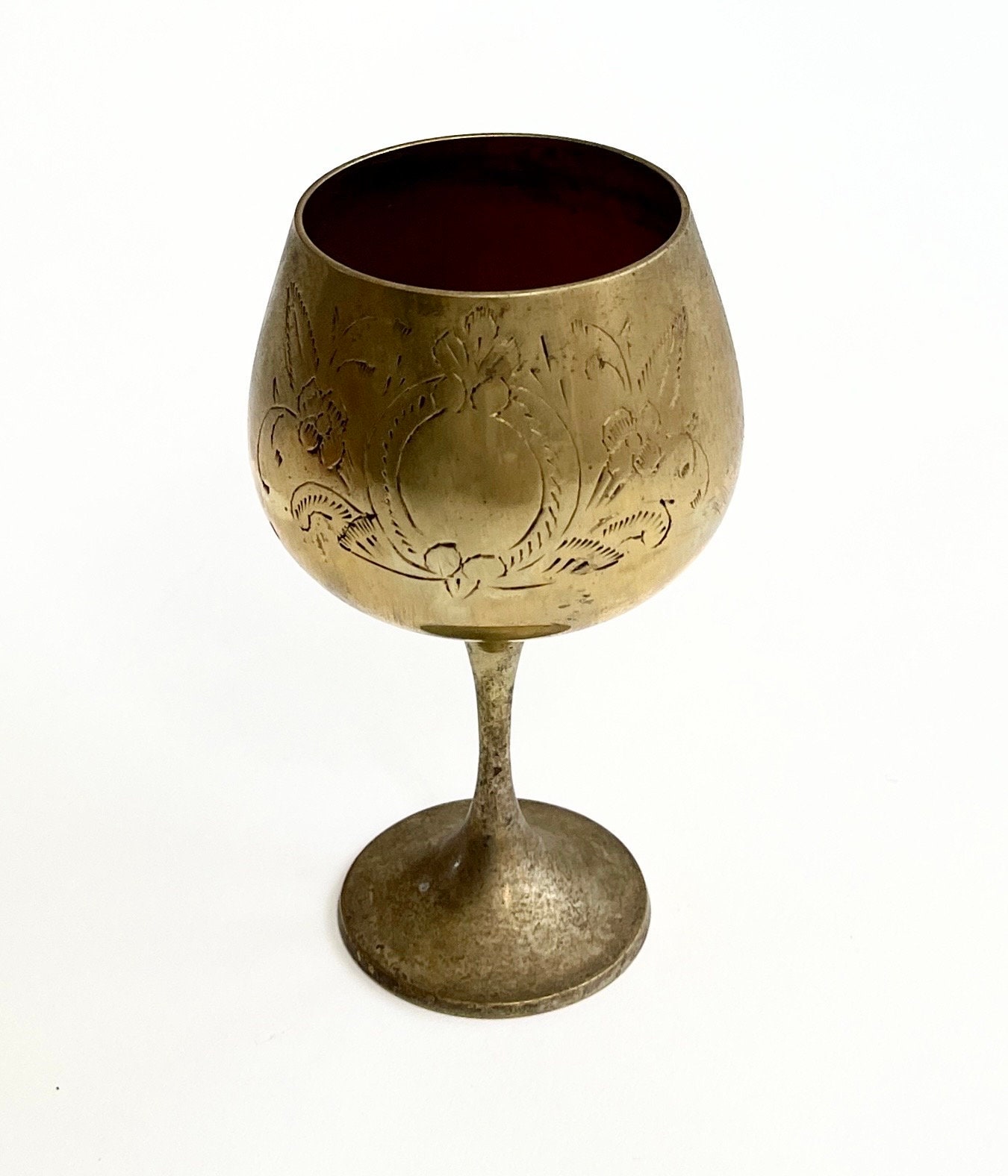 Etched Indian Brass Goblet Chalice Vintage 60s 70s Floral Flower Etchings  Solid Brass Stemmed Cup Wine Glass Likely Made in Indian