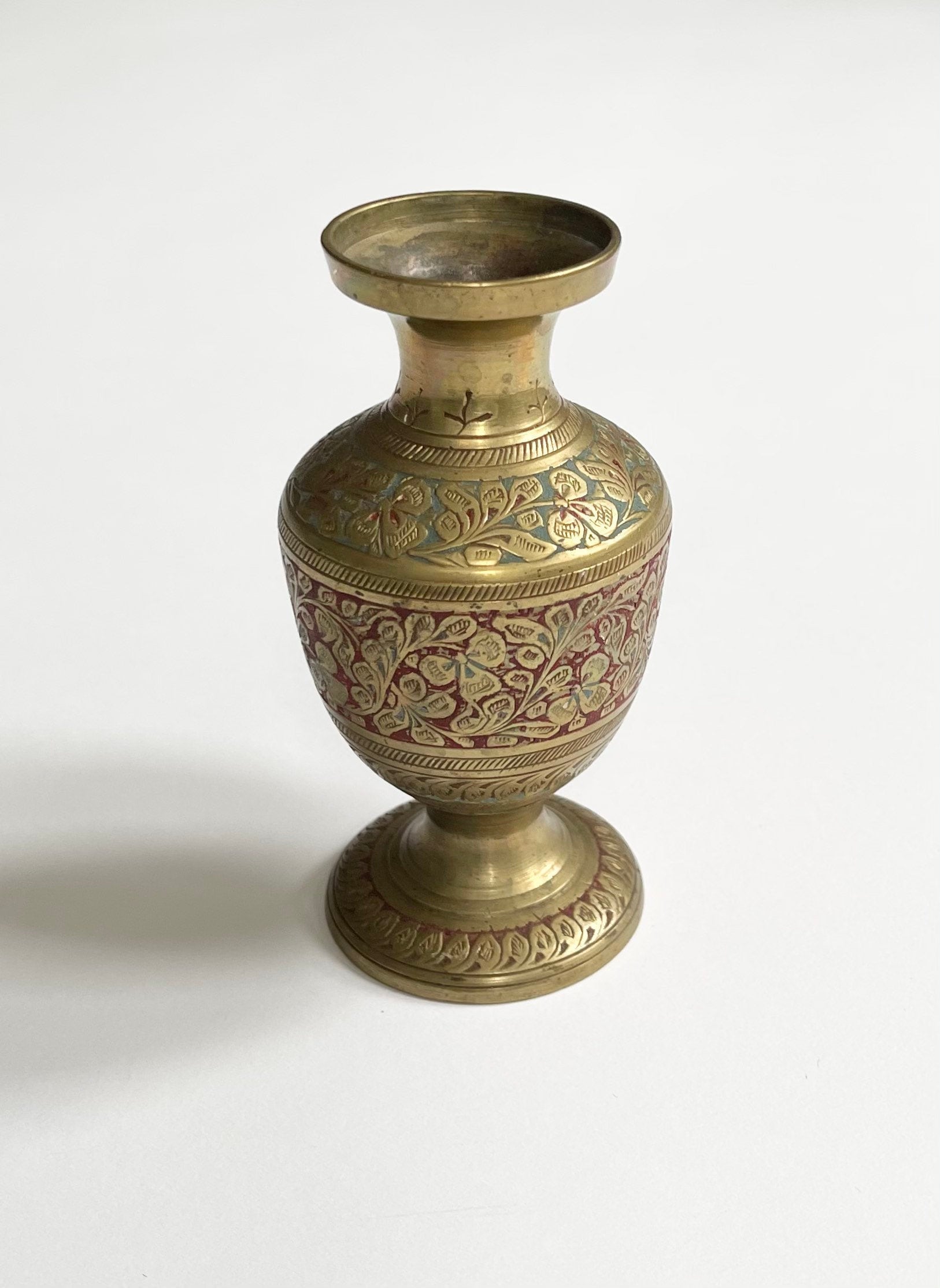 Ornate India Brass Vase Vintage Indian Floral Etched Painted Floral