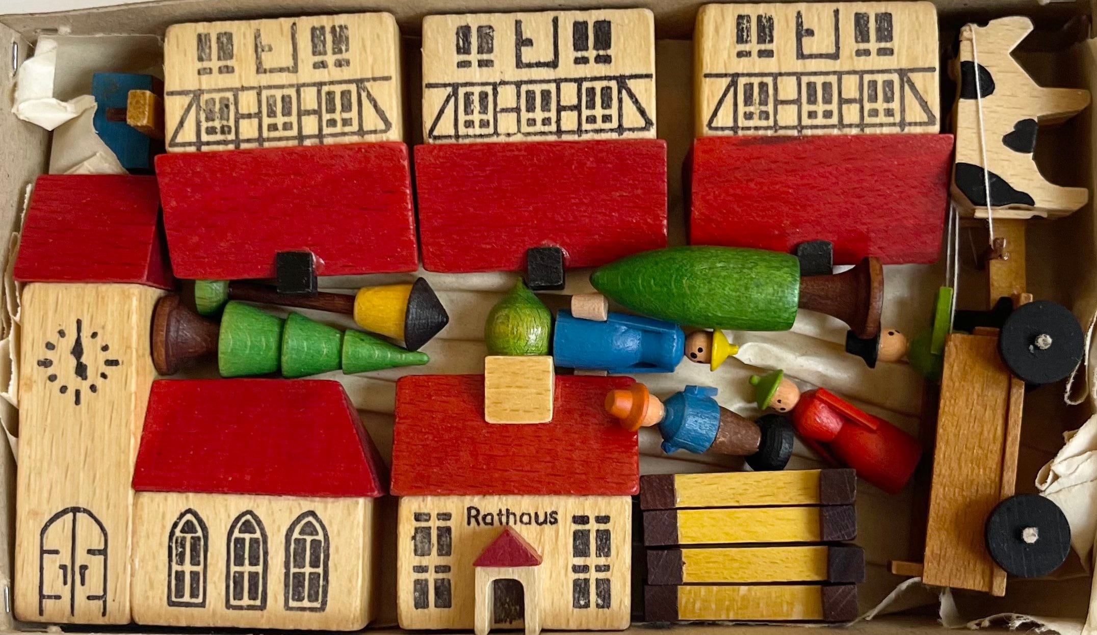 German Wooden Toy Set East Germany Original Box Wood Christmas Village Town People Animal