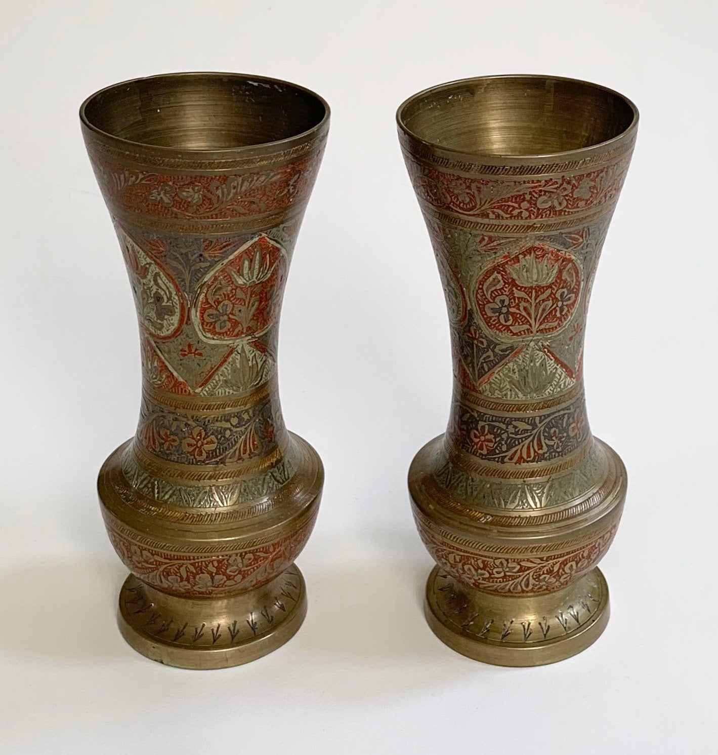 India Brass Vase Pair of Two Matching Vases Vintage 70s Boho Indian