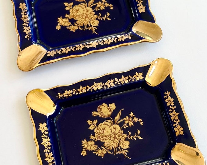 Limoges Cobalt Blue Ashtray Dish Vintage French Porcelain Trinket Ring Dish Gold Leaf Floral Rose Accents Valentines Gift