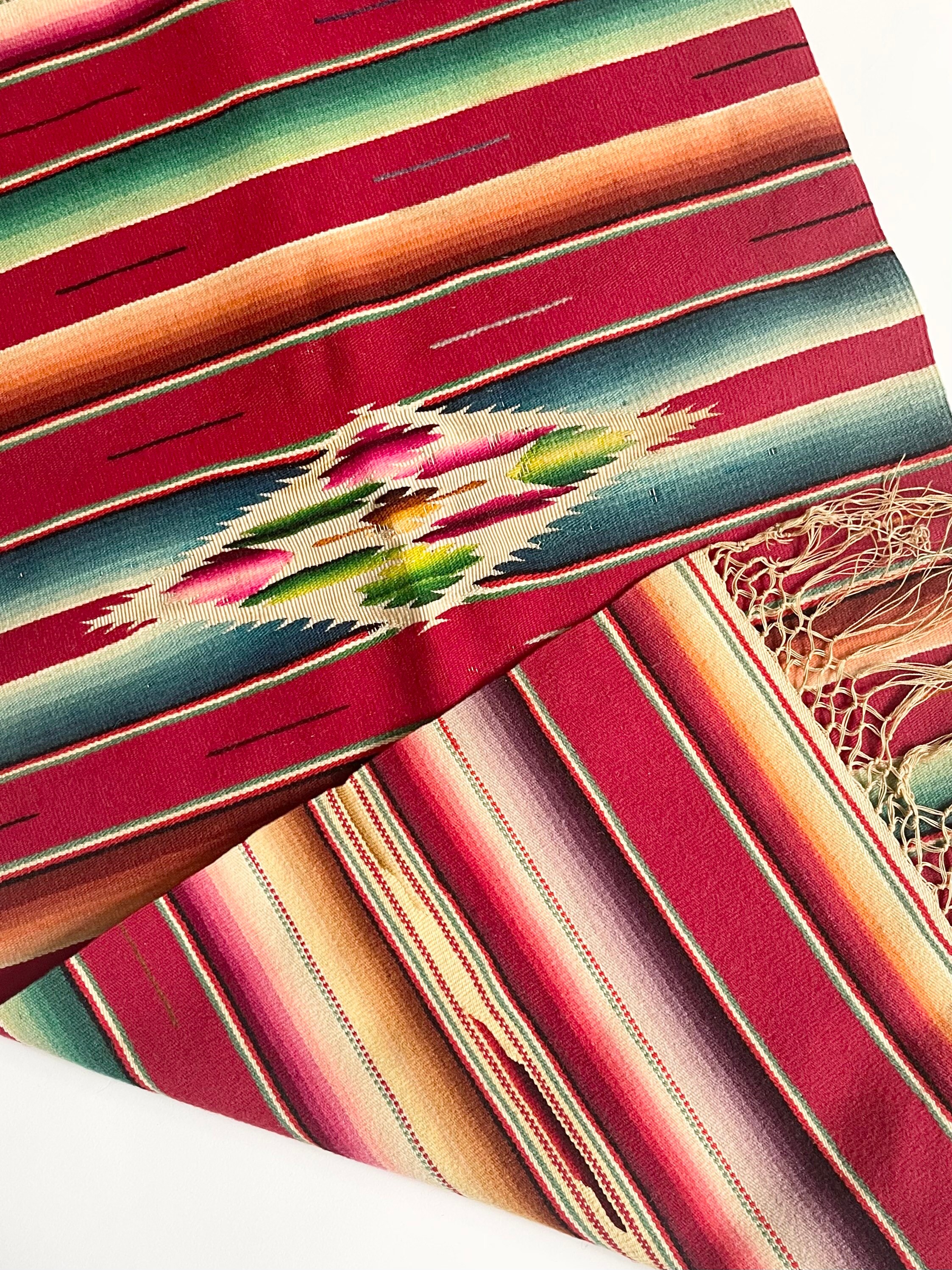 Antique 30s 40s Serape Mexican Throw Blanket Runner Mat Handwoven
